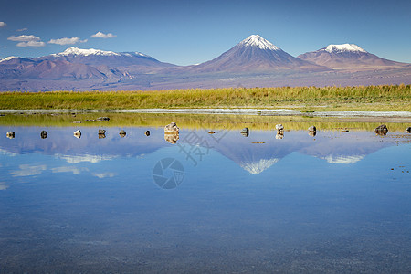 智利阿塔卡马沙漠里坎查布火山景观和盐湖反射反射荒野普纳天空旅游山脉草原火山晴天戏剧性图片