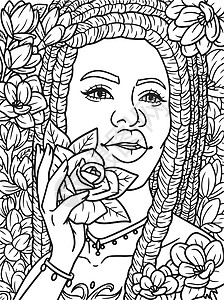 非洲裔美洲女孩持有花朵彩色页面少女花季图画书白色卷发女性艺术插图染色绘画图片