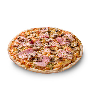 带蘑菇 火腿和奶酪的新鲜披萨 在白色背景上 复制空间 顶层风景纸板纸盒胡椒盒子香肠送货圆圈木板午餐餐厅图片