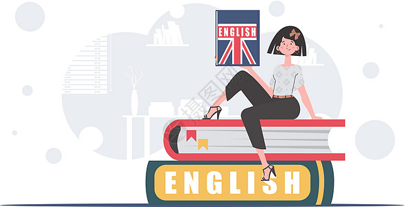 学习英语的概念 妇女坐在书本上 手拿着英文词典 Trendy平板风格 矢量式图片