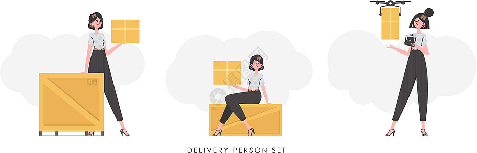 装一个盒子和包裹的女孩 货物交付的概念 平坦的现代风格 矢量插图图片