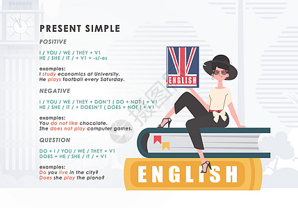 学习英语时态的规则 学习英语的概念 趋势人物平面风格 向量图片