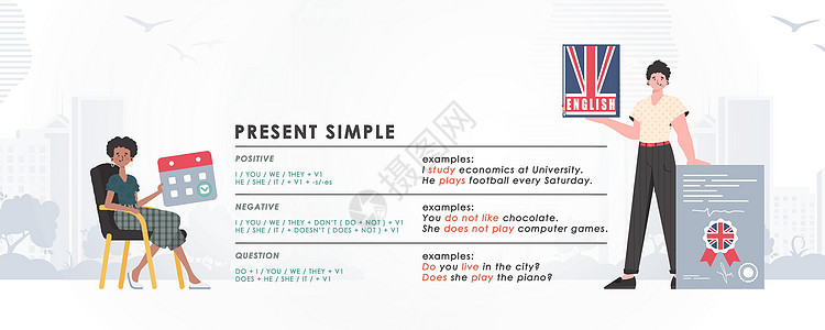 学习英语时态的规则 学习英语的概念 时尚人物卡通风格 矢量图学生插图幼儿园知识黑板意义课程学校信息课堂图片