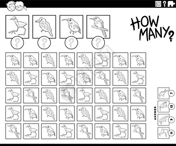 有多少卡通鸟计数游戏彩色页面图片