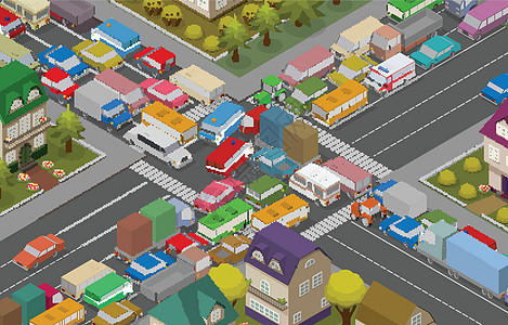 交通堵塞 为繁忙道路说明提供几何车厢和房屋速度插图轿车旅行车辆货车汽车卡车小时送货图片