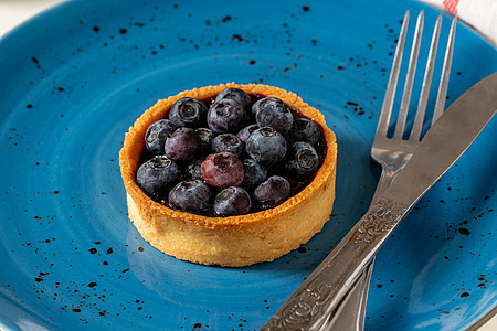 蓝色瓷板上新鲜烤蓝莓薄饼水果派食物糖果美食奶油馅饼覆盆子甜点醋栗蛋糕图片