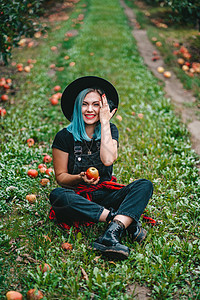 蓝头发妇女在绿色花园中采摘成熟的红苹果水果 有机生活方式 农业 园艺职业等收成女性女孩商业太阳农场女士收获生产叶子图片