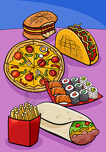 食品和餐盘组卡通插图寿司设计食物对象桌子漫画墙纸筹码芝士元素图片