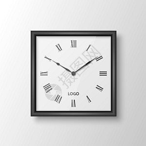 矢量 3d 逼真方形墙壁办公室时钟与黑色框架 设计模板隔离在白色 使用罗马数字拨号 用于品牌和广告隔离的挂钟模型 钟面设计速度指图片