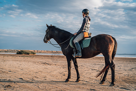 女人骑着马在美丽的秋季自然景观上通过河流或湖泊 太阳耀斑 美丽的背景 农场动物 训练 赛马的概念跑步享受自由自然力量天空主题场地图片