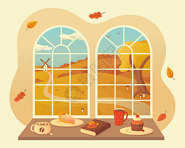 秋季风景 有蘑菇和落落叶的树叶观视窗口背景图片