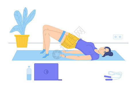 女孩在笔记本电脑上观看运动教练时躺在垫子上做骨盆提升术 在线锻炼 运动之家 身体积极 晨练概念 平面样式的股票矢量插图图片