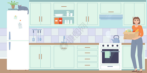 送货服务 covid 19 隔离概念 作为客户的妇女在厨房里拿着杂货店的食品包 舒适的室内装饰 配有冰箱 炉灶 卡通平面风格的股图片