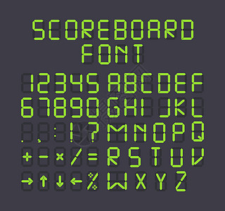 绿色记分牌字母表 可用作运动比赛板 机场时刻表 数字终端字体 LED 指示时钟 计时器或显示信息 平面样式的股票矢量插图背景图片