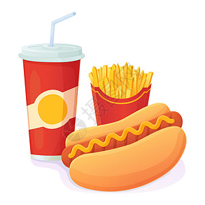 美味明亮的热狗与苏打水和炸薯条组合 世界无饮食日 不健康的快餐概念 可用于网页 菜单 横幅图片
