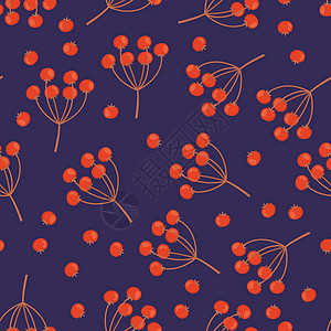 秋天卷尾莓无缝图案 可以用作包装纸 壁纸 织物或纺织印刷品 以蓝色背景的平板卡通风格显示股票矢量图片