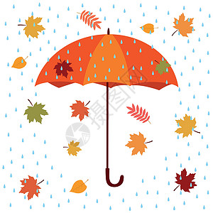 雨伞和飘落的五颜六色的秋天枫叶和蓝色的雨滴 在白色背景上孤立的矢量图女孩卡通片太阳气象女士配饰插图安全天气下雨图片