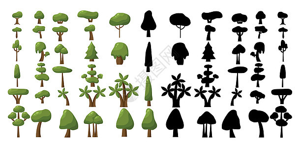 白色背景的来自不同气候带的赛斯黑色光影和现实树木矢量向量衬套艺术生态收藏森林棕榈木头橡木植物学生长图片