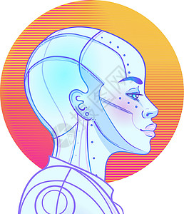 复古未来主义风格的机器人机器人女人的画像 矢量图 在发光的霓虹灯明亮的颜色的机器人的画像 未来派合成波传单模板海报电子人插图技术图片