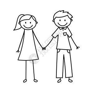 Doodle数字 可爱的棍子男和手握手的女孩 在白色上孤立的矢量插图图片
