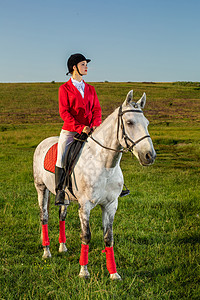 年轻的女骑手 穿着红色的红色长裤和白色的马裤 在夕阳的余晖中骑着她的马友谊女孩时尚女性马术太阳农场骑士森林背光图片