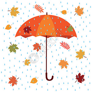 雨伞和飘落的五颜六色的秋天枫叶和蓝色的雨滴 在白色背景上孤立的矢量图乐趣天气商业安全配饰太阳下雨气象女士卡通片图片