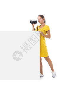 带空白横幅的摄影女海报女性工作微笑照片成人爱好裙子摄影师女孩图片