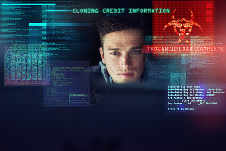 上传病毒以转移对安全漏洞的注意力 一个英俊年轻男性黑客在工作图片
