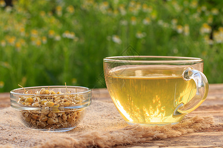 一杯绿色茶和干白色甘菊花 在户外的玻璃碗里洋甘菊药品草本植物食物早餐杯子饮食母菊植物图片