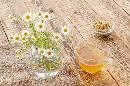 一杯绿色茶 在玻璃罐子里放白甘菊花药品早餐母菊杯子洋甘菊饮食草本植物植物食物图片