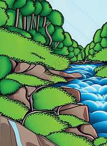 与自然的树木和河流相交场景插图环境太阳草地季节农村木头蓝色公园图片