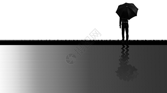 创意极简主义的人物剪影站在黑色雨伞上 在他下方的水中反射减弱 黑白相间的水平镜头图片