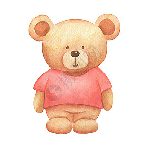 粉红色T恤衫中的水彩色可爱熊玩具 手画插图 在白色上孤立图片