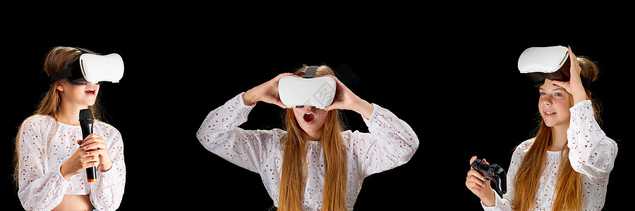 身穿白衬衫和牛仔裤的年轻女子穿着虚拟头盔 手袖手旁观瞳孔课堂教育小学生孩子眼镜创造力白色女士技术图片