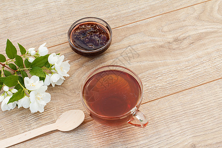 一杯绿色茶 加白茉莉花早餐植物药品饮食杯子食物玻璃草本植物图片