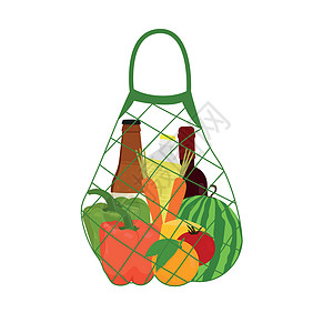 装有食品的购物袋 生态袋 平面矢量说明西瓜店铺顾客市场回收菜单食物金融杂货篮子图片