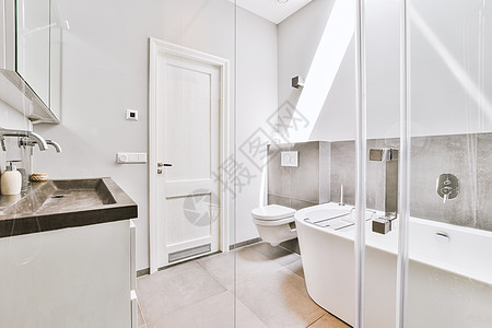 淋浴小屋附近的Sinks和浴缸住宅镜子建筑学白色水平玻璃盒子卫生间房子反射图片