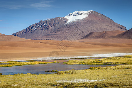 智利阿塔卡马沙漠的萨拉德阿塔卡马火山景观和盐湖反射风景盐滩天空晴天普纳旅游摄影目的地地方图片