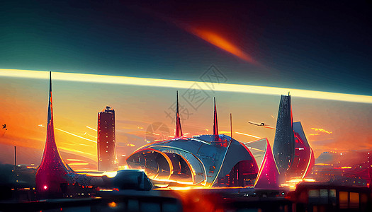 太空船 直到未来的城市线条断裂式结构图解艺术品建筑学墙纸未来派灯光插图图片