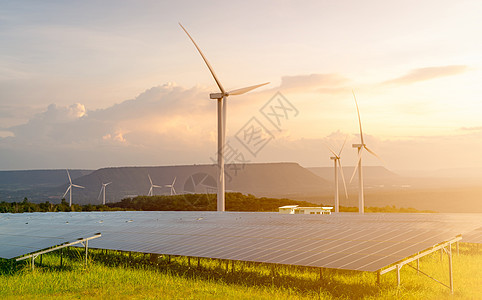 可持续能源 太阳能和风力涡轮机农场 可持续资源 太阳能 风能 再生能源 可持续发展 光伏板 绿色能源 替代电源植物光伏危机风车目图片