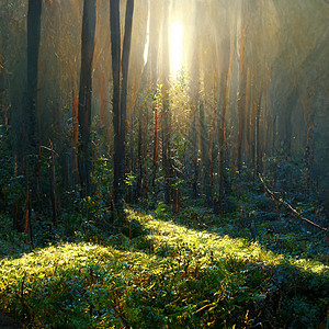 美丽的阳光明媚的早晨 在魔法森林里荒野绿色环境叶子季节树木太阳射线薄雾木头图片