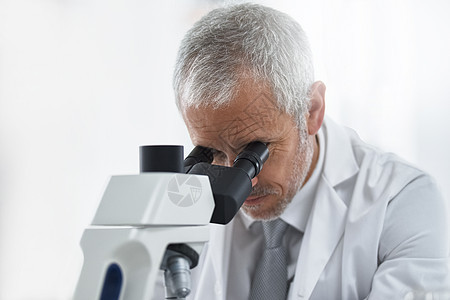 专注于科学发现 在实验室的显微镜上工作的研究员图片