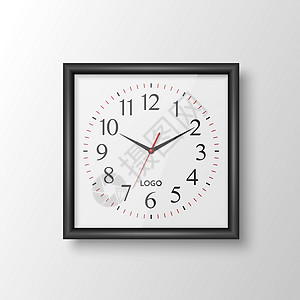 矢量 3d 逼真方形墙壁办公室时钟与黑色框架 设计模板隔离在白色 使用罗马数字拨号 用于品牌和广告隔离的挂钟模型 钟面设计速度日图片