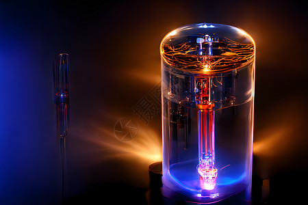高科技等离子体量子计算机管 里面有发光能量 神经网络产生艺术科幻单元物质电池圆柱形电脑释放阴极想像力科学图片