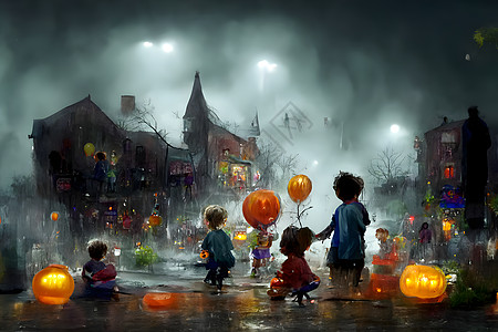 孩子们在晚上的万圣街玩耍 神经网络产生了形象前院街道糖果艺术月亮庆典南瓜想像力卡通片市中心图片