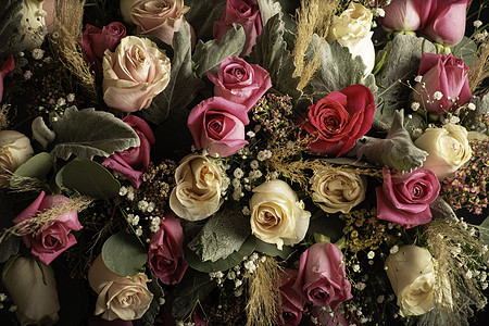 花朵和树叶植物粉色花束风格花店婚礼叶子花园植物群装饰图片