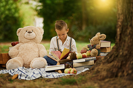 书是独一无二的便携魔法 一个小男孩在树林里念着他的玩具 而他却在树林里图片