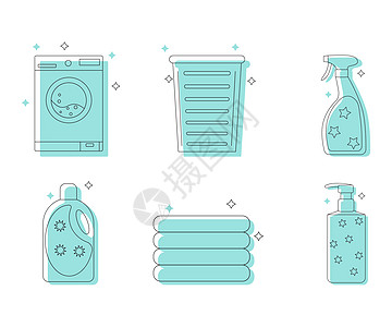 白色背景上隔绝的洗衣和清洗图标图片
