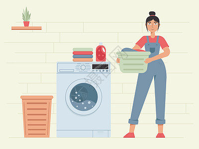 幸福的女人洗衣服 拿着干净衣服的女人 家务 洗衣服务 洗衣服房子粉末卡通片洗衣机卫生女性打扫篮子毛巾拖鞋图片