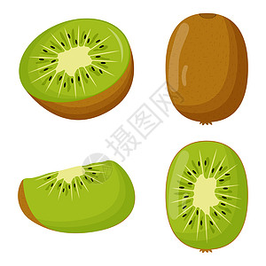 一组在白色背景上隔离了绿叶子的kiwi Flat 矢量插图图片